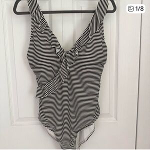 NIP TUCK SWIM Striped One Piece Swimsuit Tummy Control Ruffle V-Neck US 10